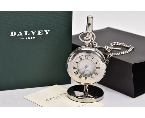 A 'DALVEY' HALF HUNTER POCKET WATCH, round silver tone dial signed 'dalvey', blue Roman numerals, seconds subsidiary dial at 