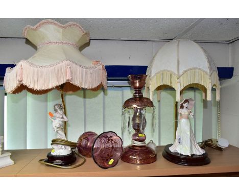 THREE MODERN TABLE LAMPS, comprising a Coalport Ladies of Fashion 'Vicky' based lamp, with fabric shade and wooden plinth, ap