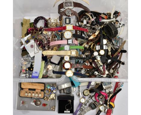 TWO BOXES OF WRISTWATCHES AND COSTUME JEWELLERY, to include a box of assorted ladies and gents dress wristwatches, such as ge