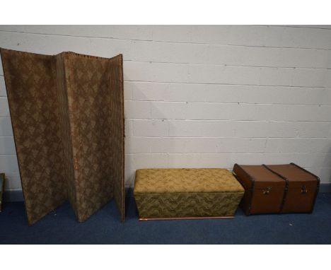 A 19TH CENTURY CELLARETTE STYLE BLANKET CHEST, width 124cm x depth 55cm x height 43cm (losses) along with a traveling trunk (