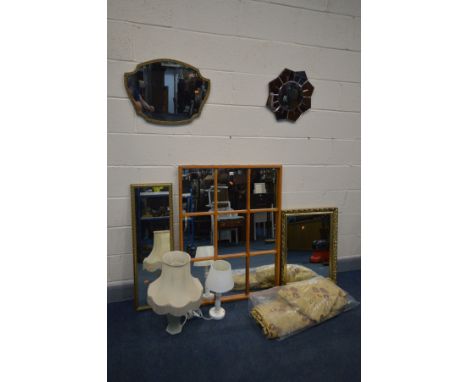 A COLLECTION OF MIRRORS AND LIGHTING to include a teak panelled mirror, 110cm x 83cm, three giltwood mirrors, small Art Deco 