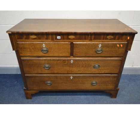 A GEORGIAN OAK, MAHOGANY, SHELL INLAID CHEST OF TWO SHORT OVER TWO LONG DRAWERS, ivory escutcheons, quarter rope detail to fr