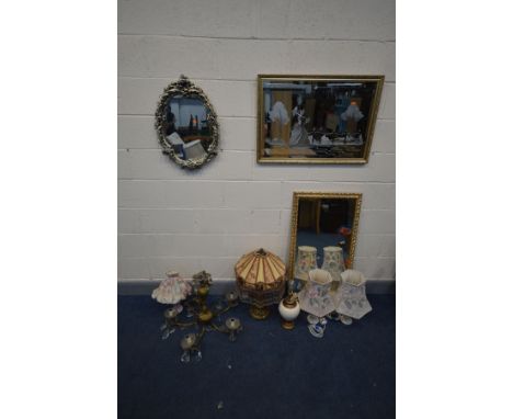 A QUANTITY OF LIGHTING AND MIRRORS, to include a brass centre light with glass droppers, five branch chandelier, five table l