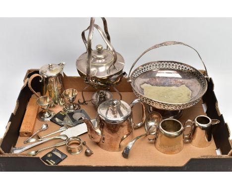 A BOX OF WHITE METALWARE AND COMMEMORATIVE COINS, to include a 'Walker &amp; Hall' circular dish with a pierced rim and wavy 