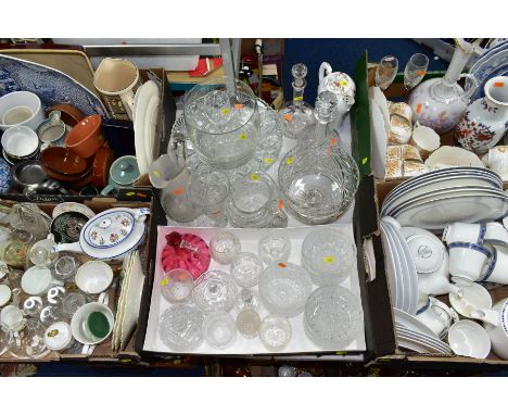 FIVE BOXES AND LOOSE CERAMICS, GLASS, ETC, to include Royal Doulton 'Atlanta' H5237 (thirty one pieces, rubbed edging), Royal