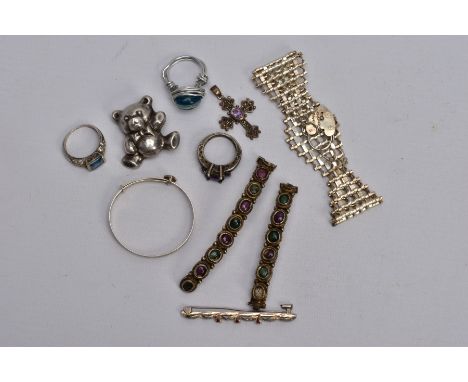 A BAG OF ASSORTED SILVER AND WHITE METAL JEWELLERY, to include a wide silver gate bracelet, fitted with a heart clasp hallmar