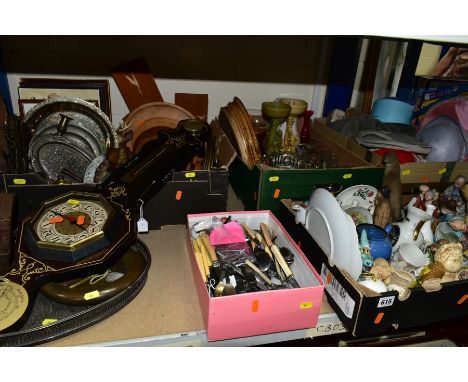 FIVE BOXES AND LOOSE OF MISCELLANEOUS ITEMS, including a pendant in the form of a silver ingot, a vintage Huntley &amp; Palme