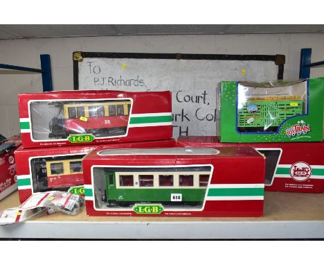 A QUANTITY OF BOXED L.G.B. G GAUGE ROLLING STOCK, assorted coaches (30730, 31610 and 34640), Post Office Van (30190) and bogi