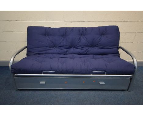 A METAL FRAMED BED SETTEE, with a separate blue cushions and one long drawer