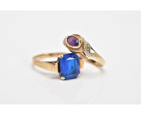 A 9CT GOLD AMETHYST AND DIAMOND RING AND A YELLOW METAL GEM SET RING, the first designed with a central oval cut amethyst, si