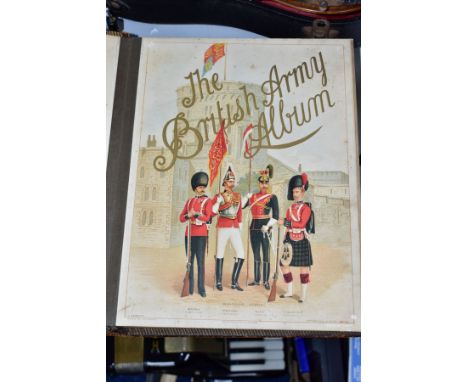A LATE 19TH CENTURY 'THE BRITISH ARMY ALBUM' MUSICAL PHOTOGRAPH ALBUM, with coloured lithograph pages having cut out oval and