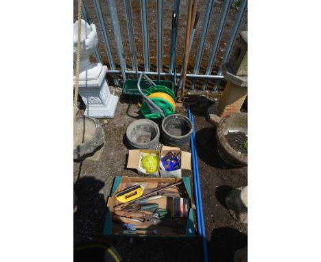 A QUANTITY OF MISCELLANIOUS, to include a box of garden hand tools, four other garden tools, a pair of composite circular pla