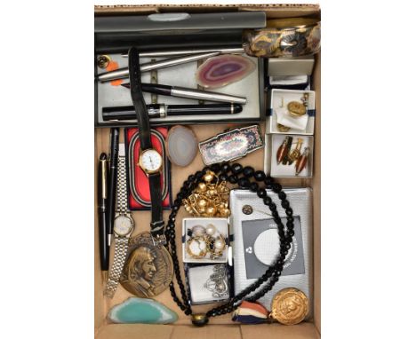 A BOX OF MISCELLANEOUS ITEMS, to include two Parker ball point pens, other ball point and fountain pens, a pair of white meta
