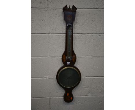 AN EDWARDIAN AND INLAID WHEEL BAROMETER, the brass dial signed D Arnoldi of Gloucester (Sd to thermometer)