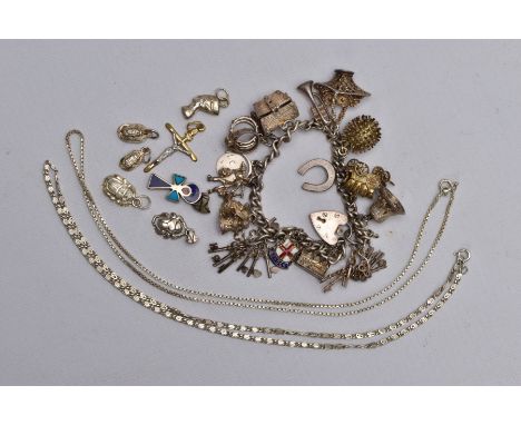 A SILVER CHARM BRACELET, LOOSE CHARMS AND TWO WHITE METAL CHAINS, the charm bracelet fitted with a heart clasp hallmarked 'D 