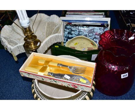 A BOX AND LOOSE OF BOOKS, CERAMICS, GLASS, ETC, including a large cranberry glass lamp shade, height 31cm, a boxed pair of si