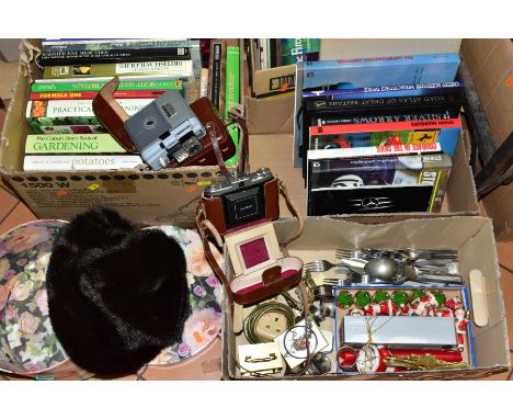 FOUR BOXES AND LOOSE BOOKS, RECORDS, SUNDRIES, ETC, to include a Eumig Servomatic cine camera, a Zeiss Ikon Nettar camera an 