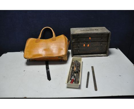 A VINTAGE ENGINEERS TOOLBOX and a Vintage Leather Telecom Engineers tool bag containing tools