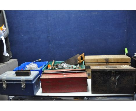 SIX TOOLBOXES CONTAINING TOOLS including hammers, tin snips, shoulder drill, spanners, a machine level, etc