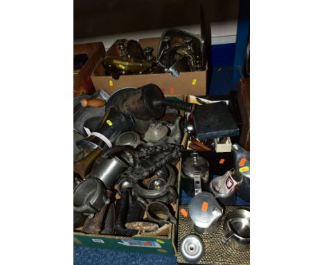 THREE BOXES AND LOOSE OF METALWARE including EPNS, trays, basket, candle holders, teawares, etc, pewter bowls, jugs, plates, 