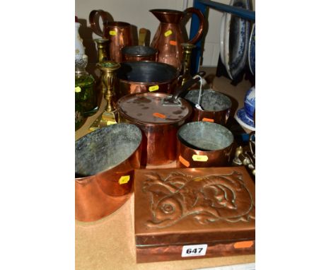 A GROUP OF COPPER AND BRASSWARE, including copper pan and cover, copper pan with brass handle, twin handled copper pan, coppe