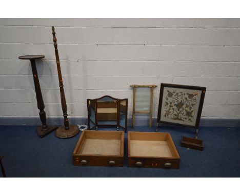 A QUANTITY OF OCCASIONAL FURNITURE to include a Mahogany torchere stand, height 115cm, a mahogany triple dressing mirror, mah