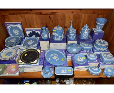 A COLLECTION OF WEDGWOOD JASPERWARE, mostly pale blue, majority of items boxed, including a tea caddy and cover with portrait