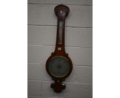 A VICTORIAN WHEEL BAROMETER, with thermometer, height 102cm (condition - damage to thermometer)