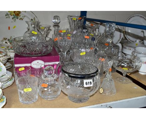 A GROUP OF GLASSWARE AND CUT GLASS, including  four Stuart crystal champagne flutes, three matching wine glasses, Royal Alber