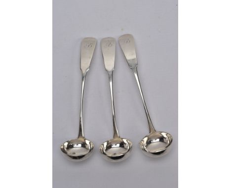 THREE GEORGIAN SILVER SAUCE LADLES, each of a Fiddle pattern design, engraved initial 'B' to each of the handles, hallmarked 
