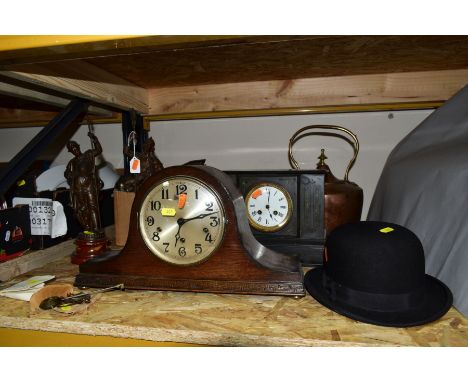 A BOX AND LOOSE METALWARE, CLOCKS, ETC, including a Foster Clothing Company Ltd bowler hat, a 1920's oak cased dome top mante