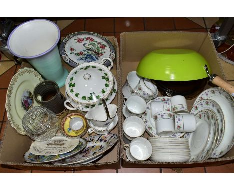 TWO BOXES AND LOOSE CHINA AND SUNDRIES ETC, to include Saxon China 'Jewel' tea wares, Colclough Ivy pattern tureen with cover