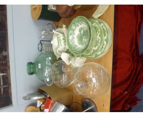 GREEN GLASS CARBOY OR TERRARIUM, SUNDRY GLASS TOGETHER WITH A WEDGWOOD (TUNSTALL) LTD. POTTERY PART DINNER SERVICE 'ORIENTAL 