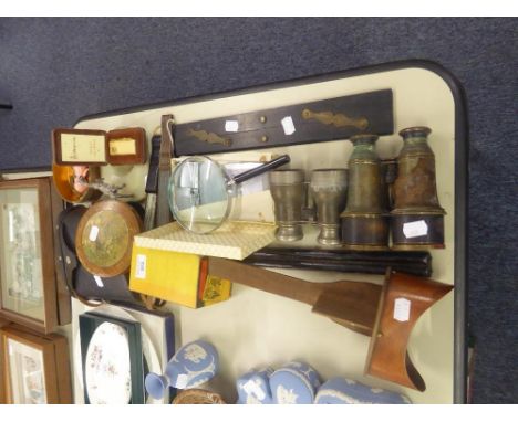 PAIR OF TENTO BINOCULARS, IN LEATHER CASE, A STEREOSCOPIC VIEWER (INCOMPLETE), OLD BOXED KODAK BROWNIE CAMERA, TWO FANS AND O