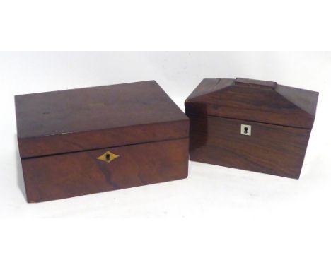 A MAHOGANY OBLONG WORK BOX WITH BRASS TABLET, 9 3/4" WIDE  AND TEA CADDY 