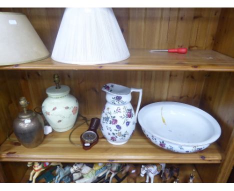 A BRIDGWOOD POTTERY WASH BASIN AND JUG, TWO TABLE LAMPS AND SHADE AND A SMALL BAROMETER 