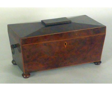 GOOD NINETEENTH CENTURY BURR YEW-WOOD AND LINE INLAID LARGE TEA CADDY, of sarcophagus form with brass ring side handles and b