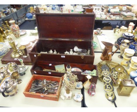 A SELECTION OF CERAMIC MINIATURE OIL LAMPS, OTHER CERAMIC ITEMS, HAIR CURLING TONGS, METAL HORSES, EBONY HAND MIRROR, CONTAIN