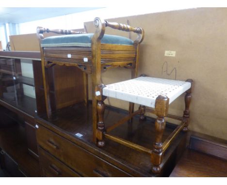 TWENTIETH CENTURY LIGHT OAK BUREAU WITH FALL FRONT OVER THREE DRAWERS, A MAHOGANY PIANO STOOL WITH PAD HINGED SEAT, A WALL CL