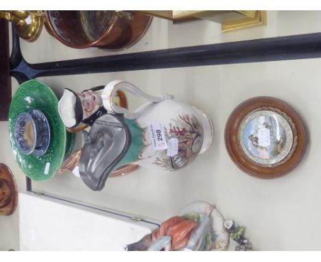 VICTORIAN PRATT POTTERY HOT WASTER JUG WITH PRINT DECORATION OF SEASHELLS, HINGED PEWTER LID AND A SMALL VICTORIAN PRATT POTT