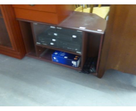 A MAHOGANY STAND WITH VIRGIN MEDIA BOX AND PANASONIC VIDEO RECORDER AND DVD PLAYER AND  A TESCO DVD PLAYER (BOXED) 