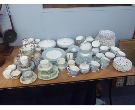 A BELL CHINA 'MEADOWSIDE' TEA SERVICE FOR SIX PERSONS (LACKS MILK JUG), A PALE BLUE AND WHITE TEA AND DINNER SERVICE WITH TWO