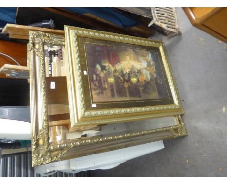 A MODERN GILT FRAMED WALL MIRROR WITH OBLONG BEVEL EDGED PLATE AND A FRAMED COLOUR PRINT AFTER A VICTORIAN OIL PAINTING, FIGU