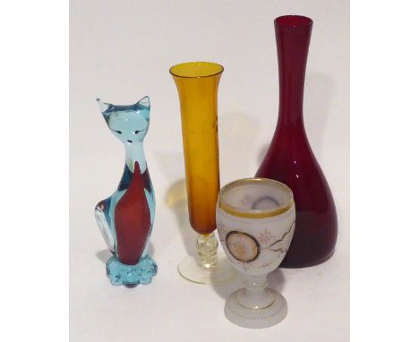 ITALIAN COLOURED GLASS MODEL OF A CAT (A.F.), A RUBY VASE, AN AMBER SPECIMEN VASE AND A WHITE OPAQUE GLASS GOBLET WITH CARVED