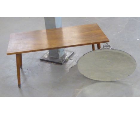 AN OVAL BEVELLED EDGE FRAMELESS WALL MIRROR, A TEAK OBLONG COFFEE TABLE (2)