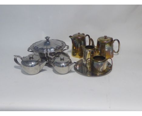 'HOTEL' PLATED CIRCULAR TEA SERVICE OF FOUR PIECES, PLATED TUREEN AND COVER (1oz OF SCRAP SILVER)  