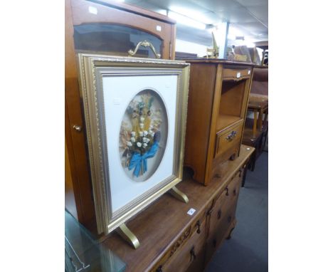 A SOLID WOOD BEDSIDE TABLE WITH SINGLE DRAWER, A FIRESCREEN WITH FLOWERS FITTED TO THE INTERIOR AND A SMALL GLASS FRONTED DIS