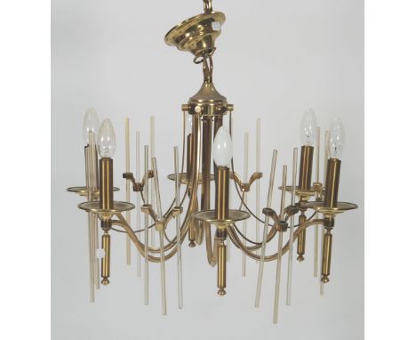 MODERN GILT METAL AND CLEAR GLASS TEN  LIGHT ELECTROLIER, of two tier form with scroll arms and clusters of 3 glass rods, 29"