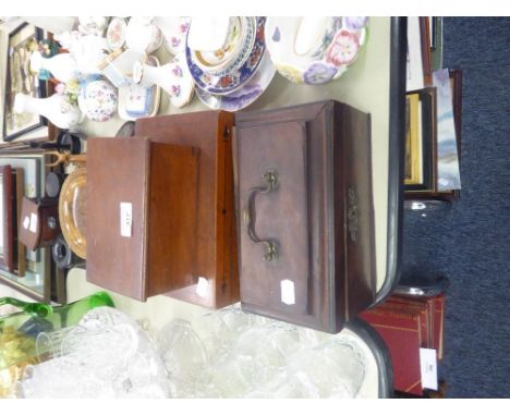 NINETEENTH CENTURY MAHOGANY CHESS SET BOX AND A REGENCY MAHOGANY TEA CADDY (IN NEED OF RESTORATION) (3) 