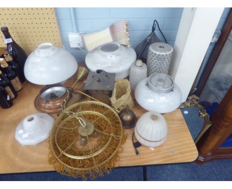 *A GRADUATED THREE TIER GILT METAL CIRCULAR FRAMED DROP LIGHT SHADE, WITH AMBER BUGLE BEAD LOOPED FRINGES AND THREE LAMP FITT